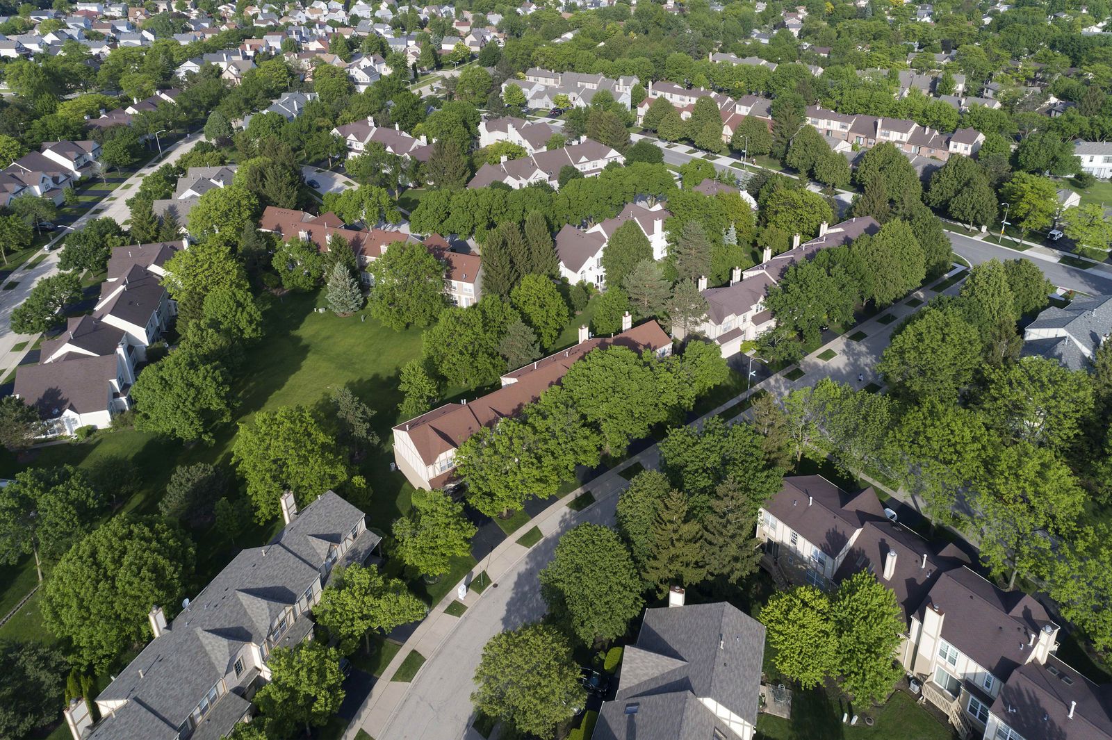 Aerial view of an Illinois subdivision with new roofs